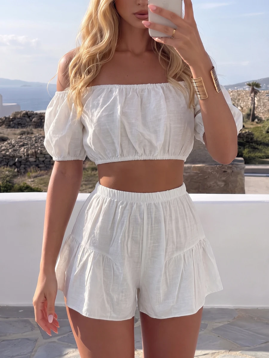 Bonvoyette Summer Casual Vacation Off-Shoulder Cropped Top & Elastic Waist Shorts 2 Pieces Set - White - View 1