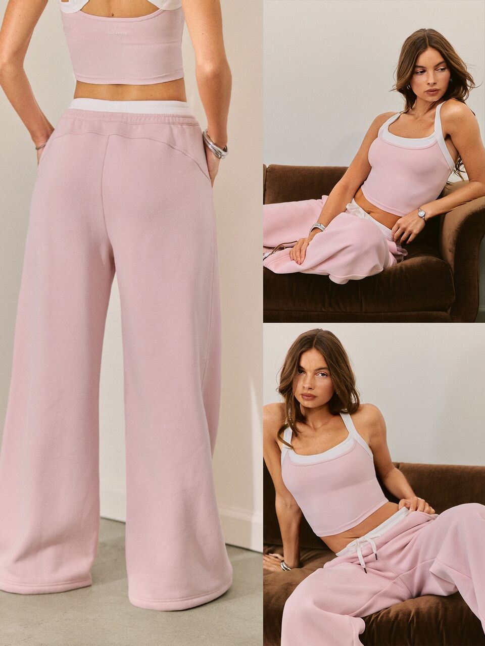 Cozy Street Collection Everyday Fleece Lazy Morning Color-Block Double-Waist Wide-Leg Joggers Daily Casual Fall Winter Wear