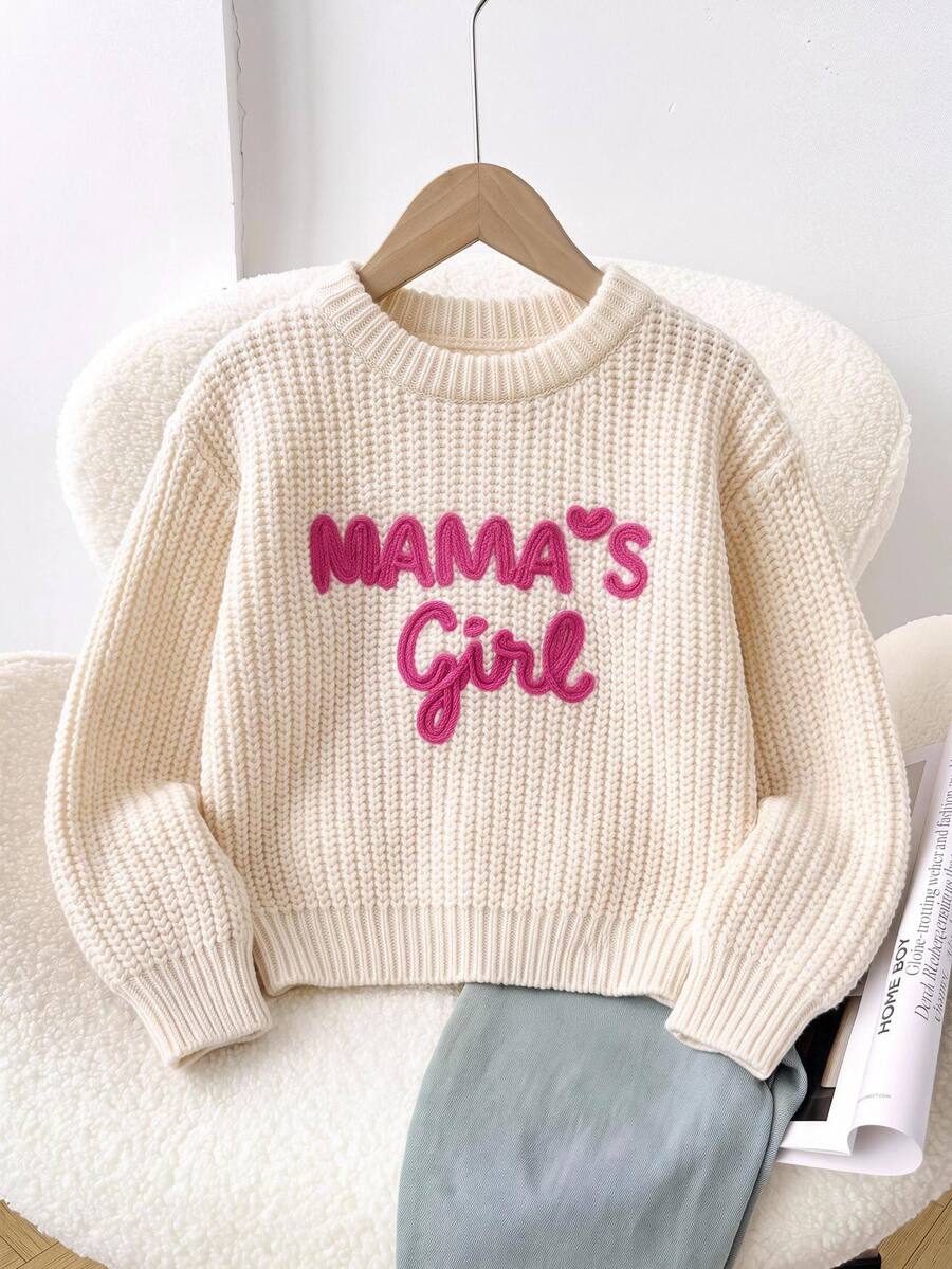LMoss Kids 女童純色針織圓領修身休閒對比色刺繡毛衣 - 白色 - 查看 1