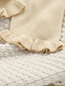 SHEIN Baby Girls Knit Outfit, Bow & Rabbit Lace Pullover Top + Knitted Pants - White - View 3