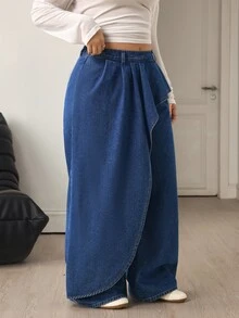 Flexra Plus Size Denim 2 In 1 Wide Leg Pants - Blue - View 5