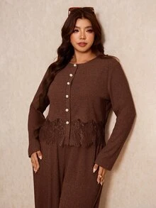 Elaquor 大尺碼女款蕾絲拼接長袖上衣與長褲休閒日常兩件套冬季 - 咖啡棕 - 查看 4