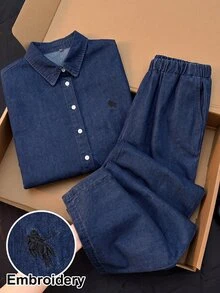 SHEIN EZwear 女款長袖單排扣襯衫與長褲休閒牛仔套裝 - 深色水洗藍 - 查看 1