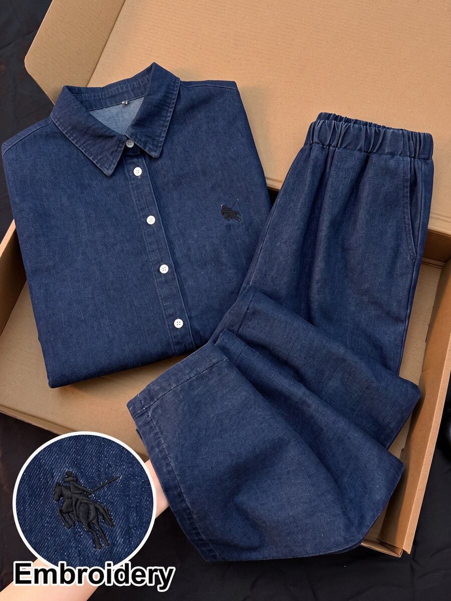 SHEIN EZwear 女款長袖單排扣襯衫與長褲休閒牛仔套裝 - 深色水洗藍 - 查看 1