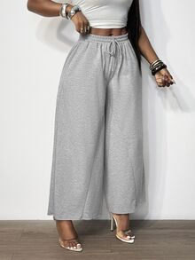 BamGleam Celana Jogger Abu-abu Model Lebar dengan Pinggang Tinggi dan Tali Serut, Longgar, Ramping, dan Jatuh, Kasual - Grey - View 5