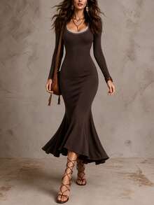Solivie Women's Autumn Coffee Color Long Sleeve Elegant Mermaid Dress, Suitable For Daily Wear - Coffee Brown - View 4