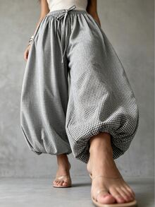 Linhara CURVE Autumn/Winter Casual Relaxed Artistic Style, Japanese Linen Slouchy Fit, Comfortable And Effortless, Daily Vacation, Commute Casual Plus Size Pants - Black and White - View 4