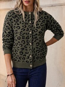 SHEIN Clasi 女款豹紋休閒百搭日常外出開襟衫 - 軍綠色 - 查看 5