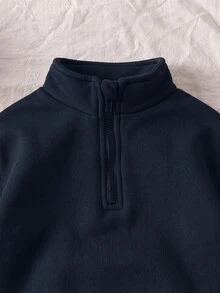 SHEIN Genkimix Kids 2件組少女針織衛衣 單面刷毛半拉鍊上衣 休閒經典百搭淺灰色 - 藏蓝色 - 查看 3