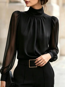 SHEIN European And American New Fashion High Neck Sexy Patchwork Semi-Transparent Long Sleeve Design Pullover Pleated Women's Blouse, Women's Spring/Autumn Top, Long Sleeve Top, Autumn/Winter Clothing, Autumn/Winter Outfit, Vacation, Outing, Y2K, Spring, Summer, Back To School, Casual, Beach, Business, Versatile, Sexy, Women's Black Blouse, Women's Commuter Top - Black - View 6