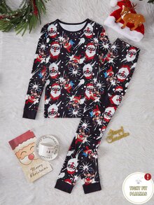 1 Set Boys' Christmas Santa Print Long Sleeve Long Pants Contrast Color Cuffs Hem Collar Snug Fit Loungewear Set (1 Set Sold Separately) - Multicolor - View 1