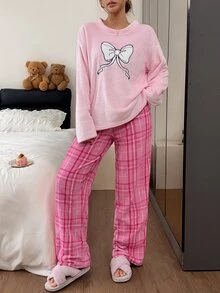 Napfluff Bow Embroidery Round Neck Top & Plaid Print Long Pants Comfortable Fuzzy Pajama Set - Pink - View 6