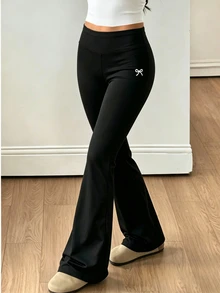 SHEIN ChillGRL 3件組女童時尚黑粉漸層極簡黑色修身喇叭褲，百搭休閒春夏季與秋季多件裝，適合學校與戶外穿搭 - 黑色 - 查看 4