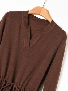 Rusticease Women's Solid Color Notch V-Neck Long Sleeve Waist Tie Knit Dress - Chocolate Brown - View 4