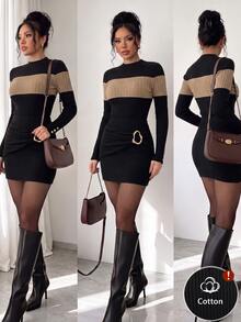 SHEIN Elenzya Women's Colorblock Round Neck Long Sleeve Top And Metal Decor Bodycon Skirt Elegant Set - Black - View 5