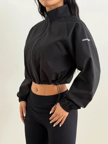 Coolane Women Waterproof Cropped Sports Jacket, Zip Up Windbreaker, Lightweight Running Coat, Drawstring Hem Activewear Outwear - Black - View 5