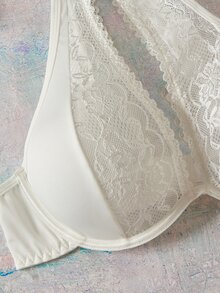 Elorette White Lace Patchwork Asymmetric Shoulder Non-Molded Cup Underwire Lift-Up Full Coverage Bra, Sexy Elegant Romantic Plus Size Bra & Wireless Bra - White - View 5