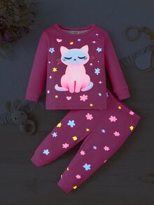 SHEIN Infant Toddler Cute Comfortable Cartoon Print Pattern Fitted Pajama Set Loungewear Set - Hot Pink - View 4