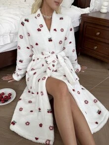 CottageSlumber Women's Romantic Floral Print Coral Fleece Mid-Length Robe - White - View 4