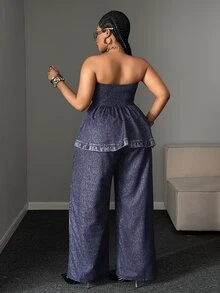 Maweii Plus Size Women's Denim Effect Print New Tube Top And Wide Leg Pants Fashion 2 Pieces Set - Dark Grey - View 4
