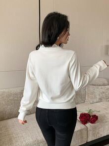 Modelyn Women's Solid Color Contrast Lace Single-Breasted Long Sleeve Knit Cardigan - White - View 2