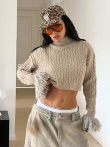 StreetHx Women's Cable Knit High Neck Drop Shoulder Long Sleeve Cropped Sweater - Camel - View 6