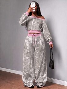 Slaydiva New Fall/Winter Women's Striped One-Shoulder Fashion Cropped Top And Drawstring Waist Loose Casual Pants 2pcs/Streetwear/Going Out/Y2k/CAMO - Multicolor - View 1