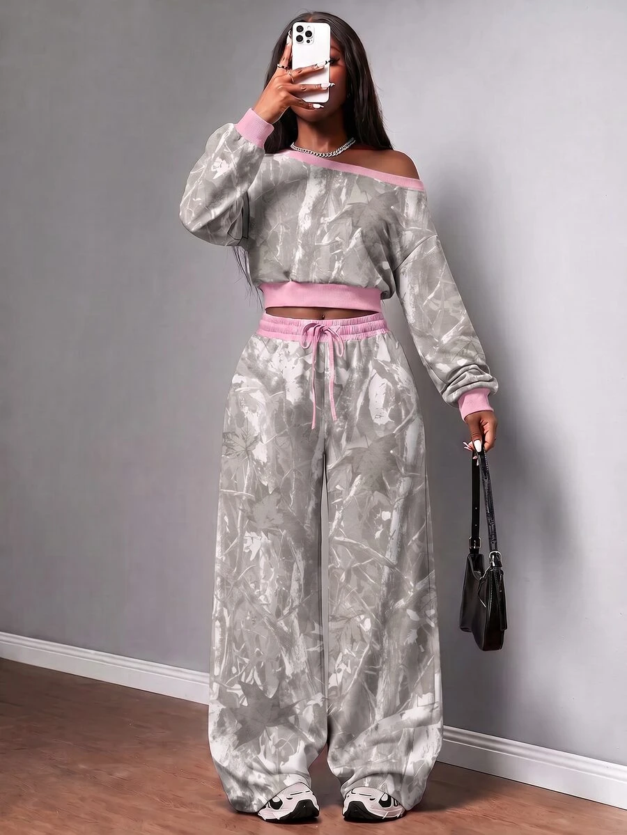 Slaydiva New Fall/Winter Women's Striped One-Shoulder Fashion Cropped Top And Drawstring Waist Loose Casual Pants 2pcs/Streetwear/Going Out/Y2k/CAMO - Multicolor - View 1