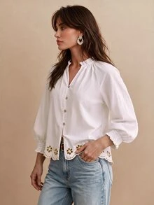 CielaLinda Women's White Embroidered Blouse, Floral Cutwork Button Front Shirt, Long Sleeve Cotton Top - White - View 6