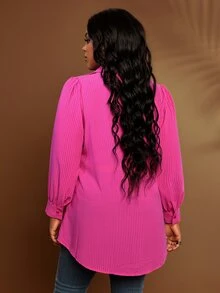 BrightlyHer Plus Size Women's Solid Color Long Sleeve Single-Breasted Casual Shirt - Hot Pink - View 2