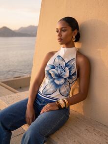 CAJUNI Top With A Flared Neckline, Elegant Summer Style, Maxi Floral Print. - Blue and White - View 6