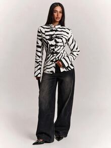 SHEIN BAE Women's Zebra Print Frog Button Design Casual Regular Fit Jacket - Black and White - View 7