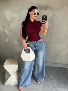 SHEIN SXY 大尺碼女款純色鈕扣半開襟修身休閒上衣 - 酒紅色 - 查看 3