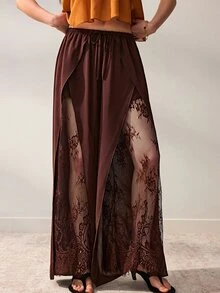 Willow Rêve Women's Brown Chiffon Lace Patchwork Loose Straight Leg Pants - Brown - View 1