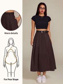 Vivamere Women's Solid Color High Waist Pocket Casual Commute Skirt - Brown - View 9