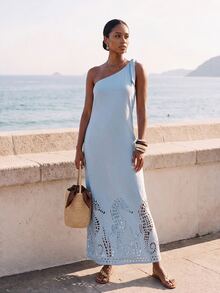 CAJUNI One-Shoulder Maxi Dress With Tie Detail And Laser-Cut Hem - Blue - View 3