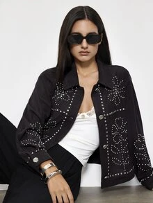 Maija Jaket Kasual Wanita Lengan Panjang Kancing Tunggal dengan Desain Rivet dan Potongan Reguler - Coffee Brown - View 1
