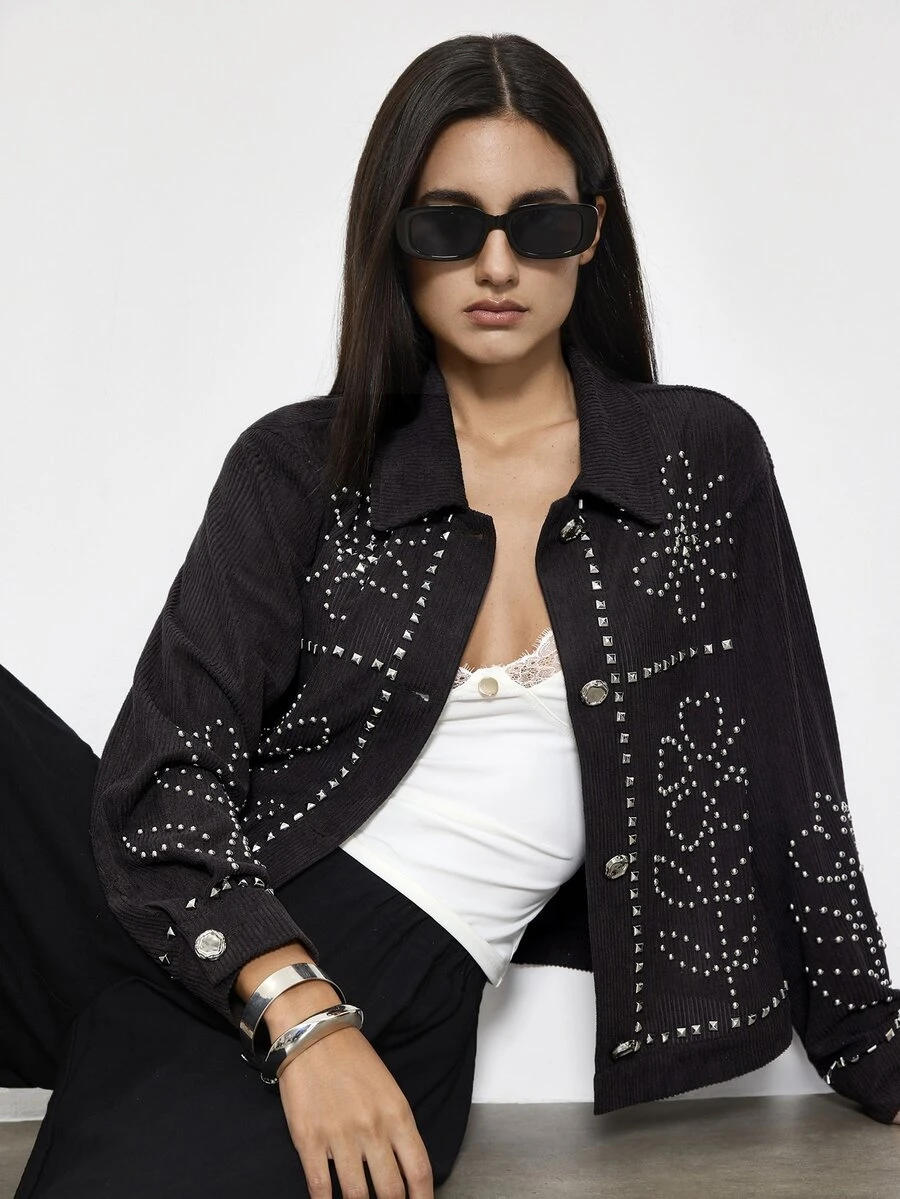 Maija Jaket Kasual Wanita Lengan Panjang Kancing Tunggal dengan Desain Rivet dan Potongan Reguler - Coffee Brown - View 1