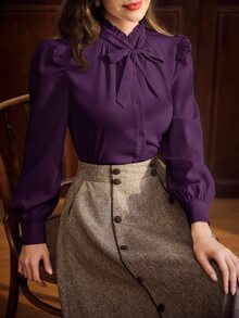 Vintamour Women's Solid Color Ruffle Tie Neck Long Sleeve Elegant Blouse - Purple - View 6