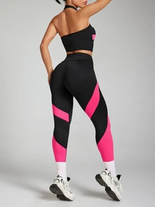 SHEIN Sports Setelan Olahraga Wanita: Tank Top Model Halter Neck dan Legging Ketat Bergaris dengan Blok Warna - MultiWarna - View 2