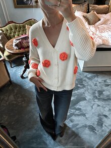 Flora Isola Flora Isola Cute 3D Rose Floral Knit Cardigan, Women V Neck Long Sleeve Button Down Loose Chunky Sweater - Apricot - View 4