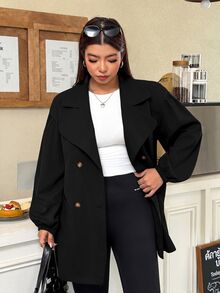 Muchica Plus Size Fashion Button Pocket Long Sleeve Trench Coat - Black - View 3