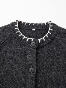 Grovea Autumn/Winter Plus Size Dark Gray Contrast White Stitch Trim Round Neck Front Button Raglan Knit Cardigan - Dark Grey - View 3