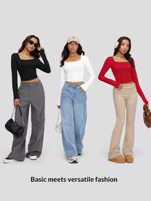 SHEIN BASICS 3PCS Women Solid Color Square Neck Long-Sleeved Slim-Fit Versatile T-Shirt - Multicolor - View 9