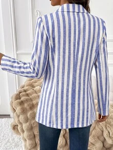 SHEIN Clasi 女款藍白條紋休閒沿海風時尚百搭西裝外套，適合日常穿著、教師節、早午餐、辦公室商務夏季穿搭 - 藍白色 - 查看 2