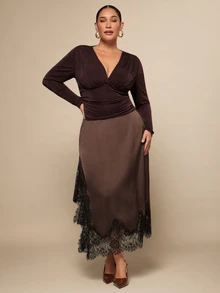 SHEIN BAE CURVE Plus Size Women's Solid Color V-Neck Casual Everyday Long Sleeve Top - Coffee Brown - View 3