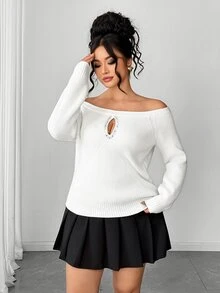Elenzga Plus Size Off-Shoulder Rhinestone Hollow-Out Ribbed Knit Sweater Fall - Beige - View 4