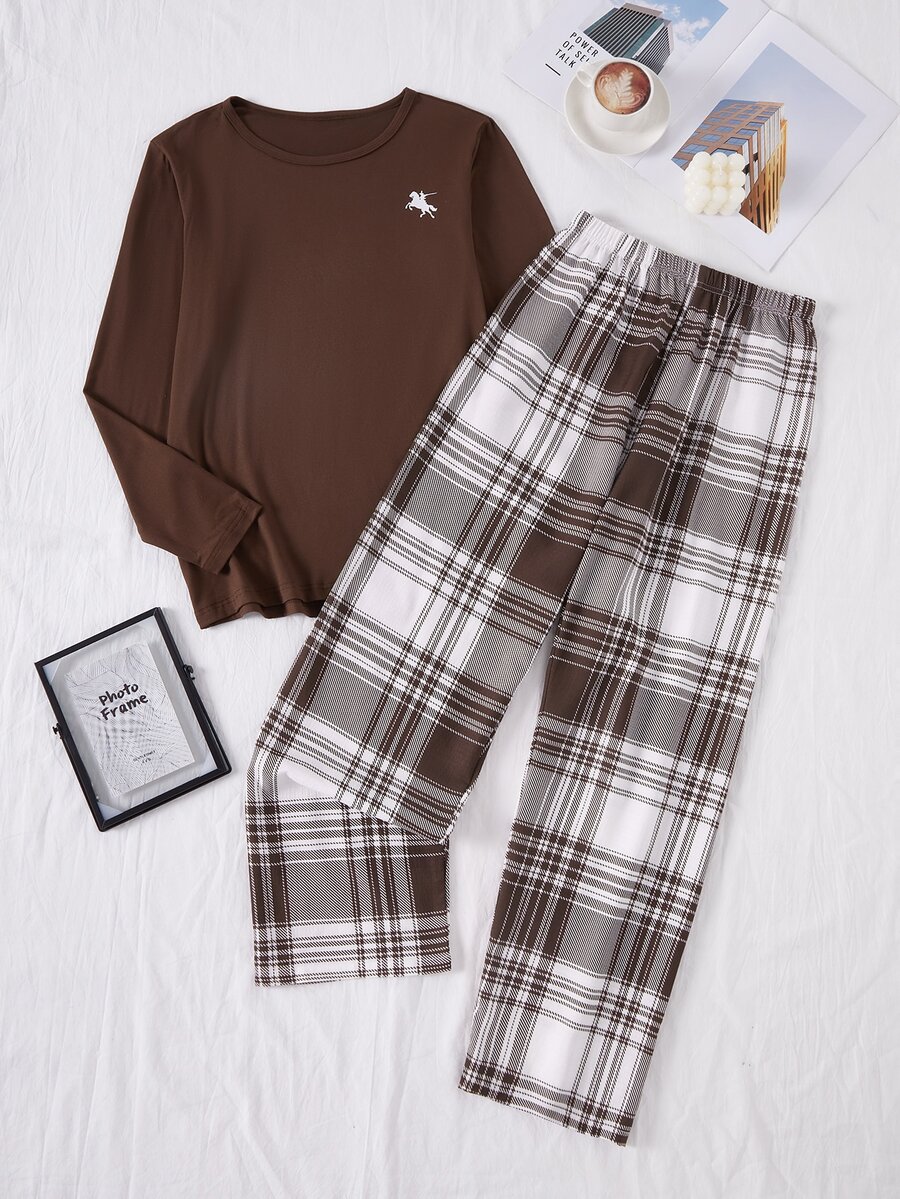 Teen Boy Knight Print Long Sleeve Top And Plaid Long Pants Loungewear - Multicolor - View 1