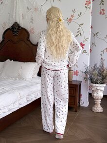 Napfluff Contrast Trim Lapel Ditsy Floral Long Sleeve Long Pants Women's Pajama Set - Apricot - View 2