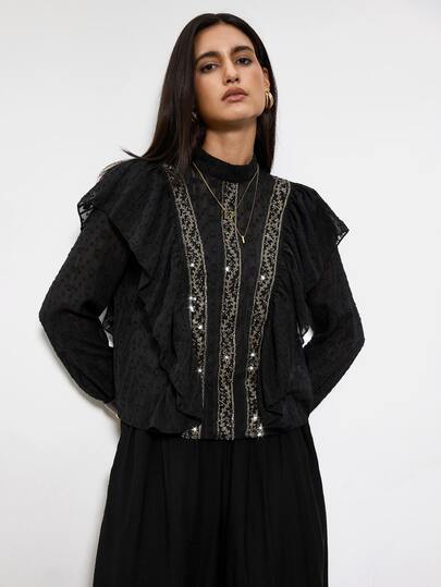 Maija Blusa suelta de moda con cuello alto, volantes y lentejuelas patchwork para mujer, atuendos para salir, atuendos de trabajo para mujer, ropa de otoño